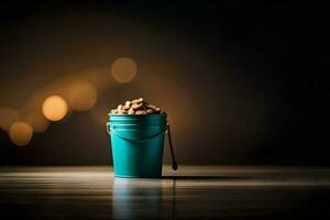 a bucket of peanuts on a table. AI-Generated photo
