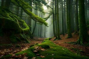 un camino mediante un bosque con cubierto de musgo arboles generado por ai foto