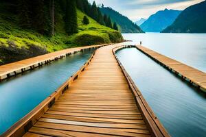 a wooden bridge leads to a lake surrounded by mountains. AI-Generated photo