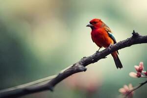 a red bird sitting on a branch. AI-Generated photo