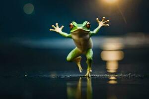 a frog jumping in the rain. AI-Generated photo