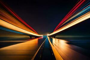 un largo exposición fotografía de un puente a noche. generado por ai foto