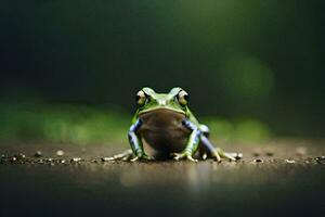 a frog sitting on the ground with a green background. AI-Generated photo