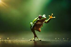 a frog is standing on its hind legs and reaching up. AI-Generated photo