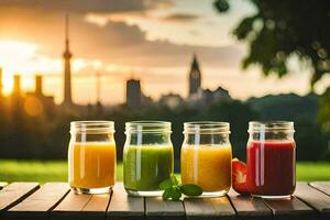 juice in jars on a table with a city skyline in the background. AI-Generated photo