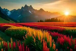 the sun rises over a field of colorful flowers. AI-Generated photo