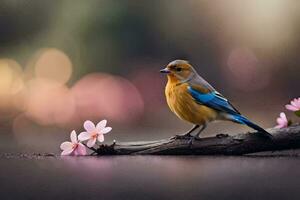 un pájaro es encaramado en un rama con rosado flores generado por ai foto