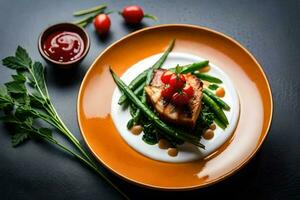 grilled fish with green beans and cherry tomatoes. AI-Generated photo