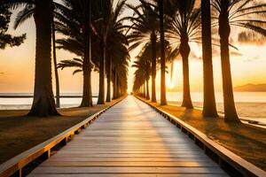 a wooden walkway leads to the beach at sunset. AI-Generated photo