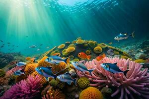 an underwater scene with colorful fish and coral. AI-Generated photo