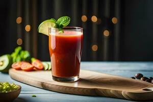 un vaso de tomate jugo con un rebanada de Pepino y un rebanada de tomate. generado por ai foto