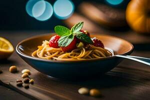 spaghetti with fresh strawberries and nuts on a wooden table. AI-Generated photo