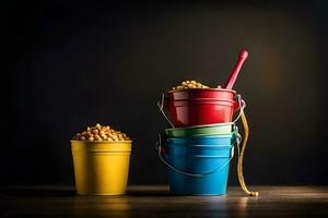 three buckets of popcorn with a spoon. AI-Generated photo