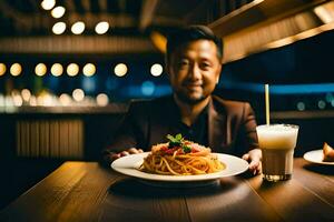 a man sitting at a table with a plate of spaghetti. AI-Generated photo