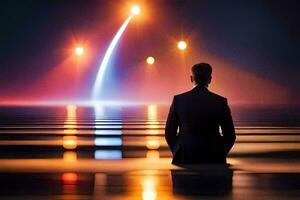 a man in a suit sits on the ground looking at a rocket. AI-Generated photo