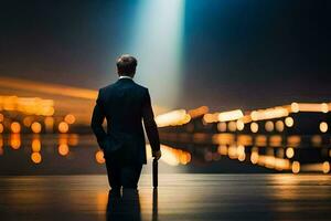 a man in a suit walks across a dark floor at night. AI-Generated photo