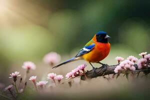 a colorful bird sits on a branch with pink flowers. AI-Generated photo