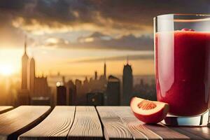 a glass of juice with a slice of peach on a table in front of a city skyline. AI-Generated photo