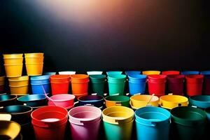 a row of colorful plastic buckets. AI-Generated photo