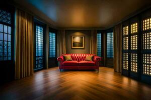 un rojo sofá se sienta en un habitación con de madera pisos generado por ai foto