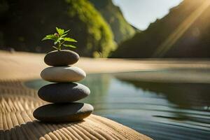 a stack of stones with a plant growing on top. AI-Generated photo