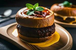 two hamburgers on a wooden plate with sauce. AI-Generated photo