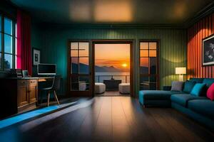 a living room with a blue couch and a view of the sunset. AI-Generated photo