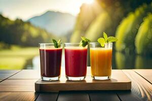 three glasses of juice on a wooden tray with a lake in the background. AI-Generated photo