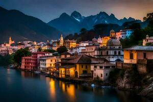 photo wallpaper the sky, mountains, lake, houses, the city, italy, the city. AI-Generated