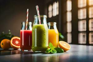 three different types of smoothies in glass bottles. AI-Generated photo