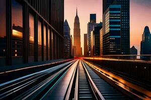 a train going through a city at sunset. AI-Generated photo