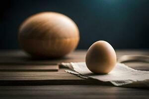 an egg and a wooden ball on a table. AI-Generated photo