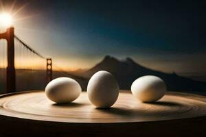 Tres huevos en un mesa con un dorado portón puente en el antecedentes. generado por ai foto