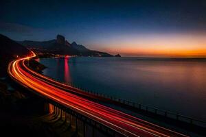 un largo exposición fotografía de un puente y Oceano a puesta de sol. generado por ai foto