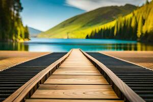 a wooden bridge leads to a lake and mountains. AI-Generated photo