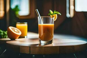 orange juice in a glass with a straw. AI-Generated photo