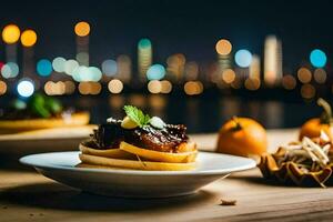 a plate of food with a cityscape in the background. AI-Generated photo