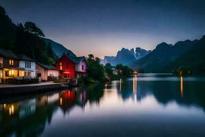 photo wallpaper the sky, mountains, water, houses, the sea, the sky, norway. AI-Generated