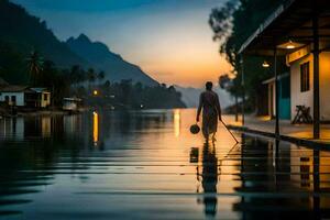 un hombre caminando a través de el agua a puesta de sol. generado por ai foto