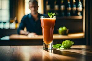 un hombre es detrás el bar y un vaso de jugo se sienta en el mesa. generado por ai foto