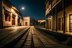 a street at night with a train track. AI-Generated photo