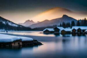 un lago y nieve cubierto montañas en el antecedentes. generado por ai foto