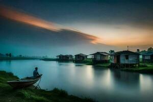 a man sits in a boat on the river at sunset. AI-Generated photo