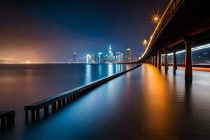 a long exposure photograph of a bridge over water at night. AI-Generated photo