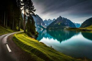 un la carretera líder a un lago y montañas. generado por ai foto