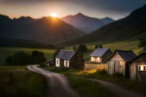 a road leading to a small village with houses and mountains in the background. AI-Generated photo