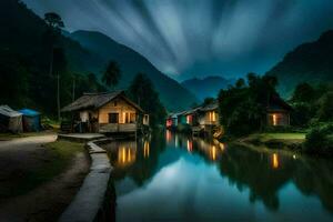 photo wallpaper the sky, mountains, water, house, river, night, vietnam,. AI-Generated