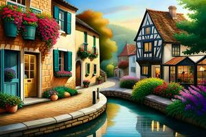 a painting of a small town with flowers and a river. AI-Generated photo