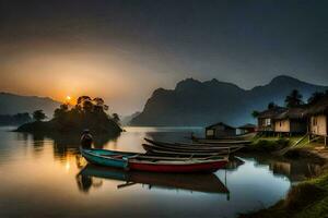 boats docked on the shore of a lake at sunrise. AI-Generated photo