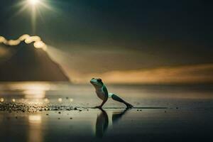 a frog standing on the beach at night. AI-Generated photo